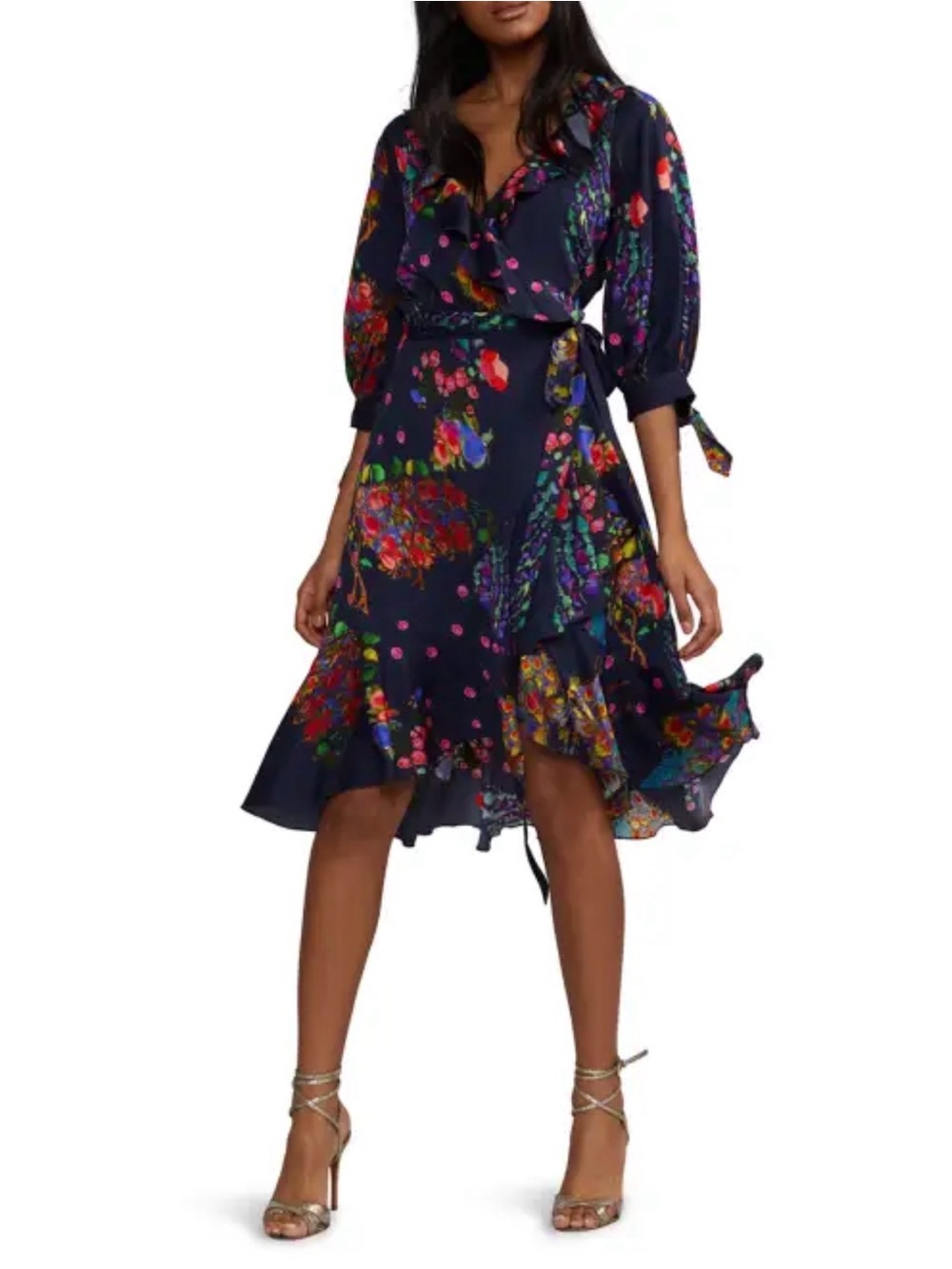 Cynthia Rowley Roseland 3/4 sleeve Fliral 42% silk Wrap Dress